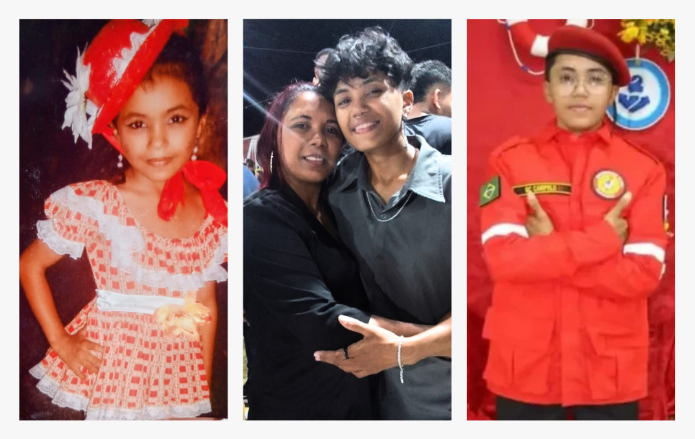 The image shows three photos of Carol Campelo. The first is Carol as a child, wearing a quadrilha costume. In the second, she is hugging her mother. And in the third, she is wearing a firefighter's uniform.