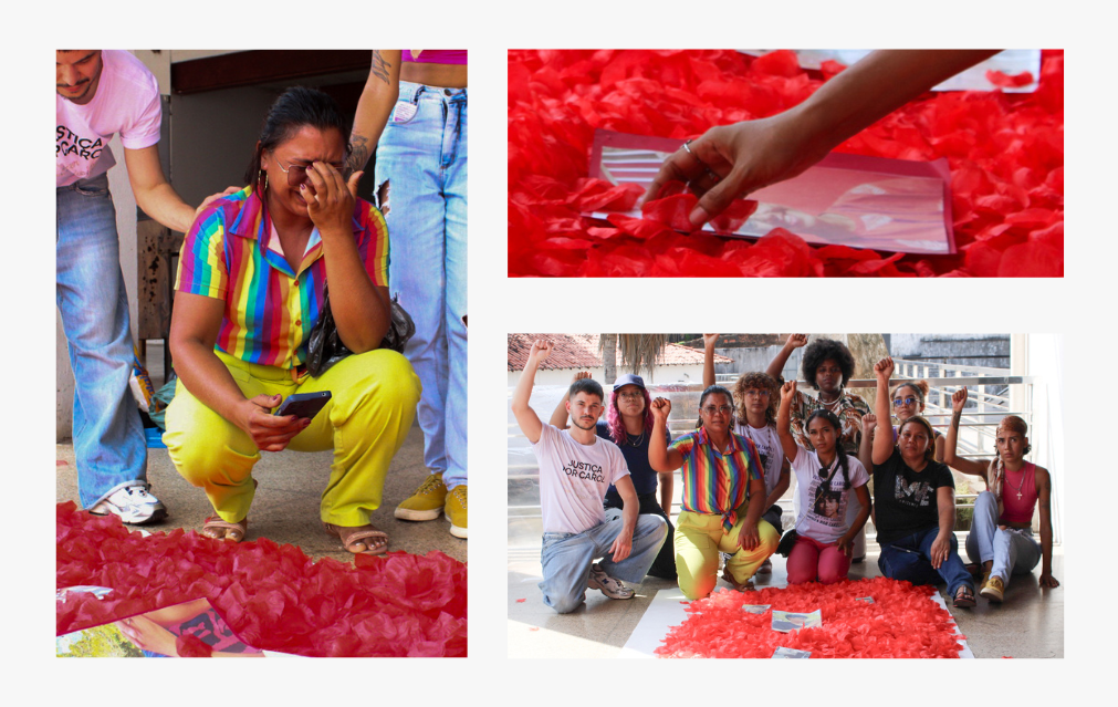 The image shows scenes from the tribute to Carol, with the sea formed by 20,000 red rose petals.