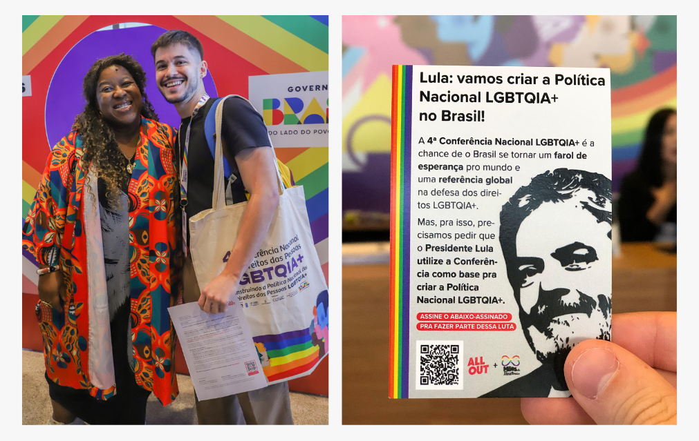 The image shows two photos. The first shows Minister of Human Rights, Macaé Evaristo, and Marcos Melo, LGBT+ activist from All Out, during the conference. The second shows a leaflet promoting the petition.